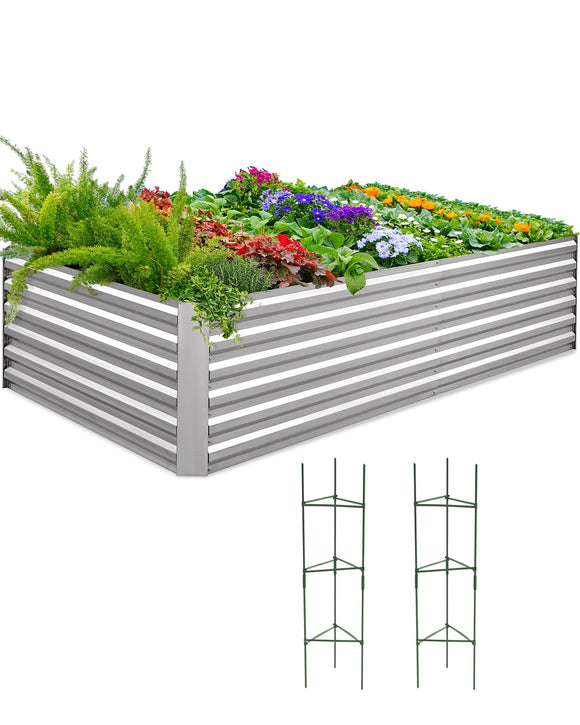 Quictent 8x4x2ft Heavy Duty Raised Garden Bed Galvanized Steel Metal Deep Planter Box with 2 Tomato Cages for Outdoor Gardening Silver