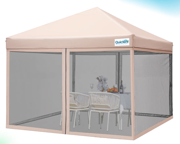 Quictent 8x8 Ez Pop up Canopy with Netting Screen House Room Tent Mesh Sides Walls with Roller Carry Bag Tan