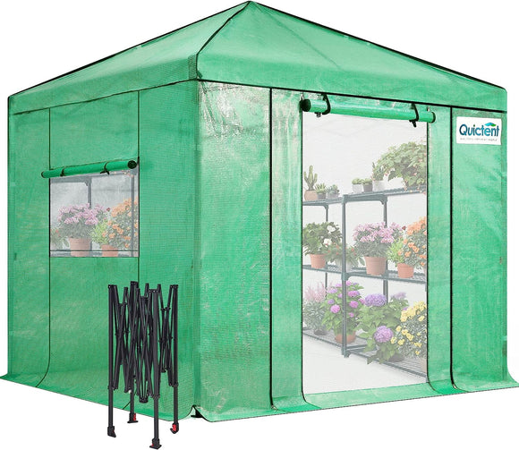 Quictent 8x8 FT Portable Walk-in Greenhouse Instant Green House for Outdoors, Pop-up Greenhouse Strong Frame Indoor Garden Canopy, 3 Screen Window, Green