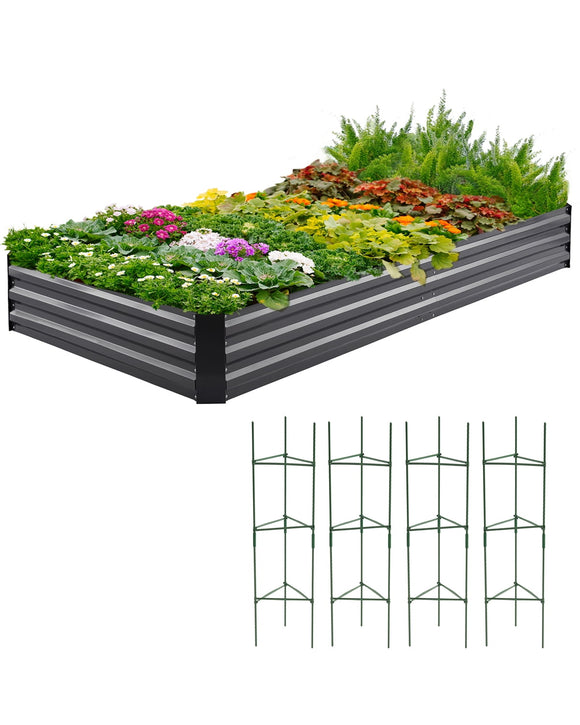Quictent Galvanized Raised Garden Bed 8x4x1 Ft w/ 4 Tomato Cages Metal Planter Box Kit Planting Vegetables Fruits Herbs Flowers Bottomless Backyard Patio Weed Barrier Included Upgraded Wing Nuts
