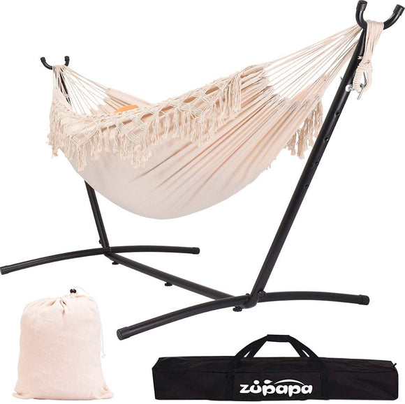 Zupapa 10' Cotton Hammock With Stand & Bag-White