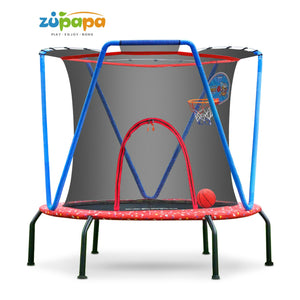 Zupapa Upgraded Toddler Trampoline, 55"/60" Kids Trampoline with Basketball Hoop,Safety Enclosure Net,Supports up to 220 Pounds(Age 3-10)