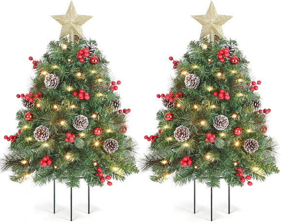 OasisCraft 33inch Pathway Christmas Trees, Pre-Lit Artificial Outside Christmas Trees Set of 2 Outdoor Xmas Trees with Ornaments for Porch, Driveway, Yard, Garden, Holiday Decor