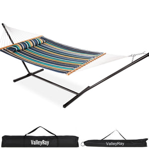 VALLEYRAY Quilted Hammock and Stand and Detachable Pillow, Hammock with Spreader Bars Heavy Duty, Accommodates 2 People, 480 lbs Capacity