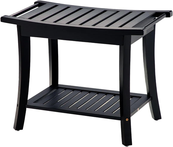 OasisSpace Black Bamboo Shower with Storage Shelf with Handle Bathroom Bench Chair for Adult Elderly