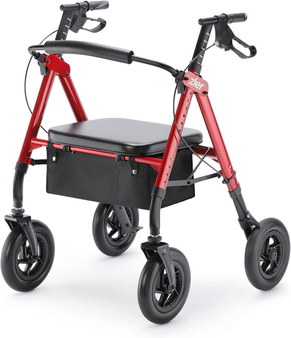 Zler Heavy Duty Walker 400lbs-Extra Wide Rollator Walker with 10” Solid PU Wheels, Bariatric Rollator Walker with Extra Wide Padded Seat & Backrest for Seniors, Red