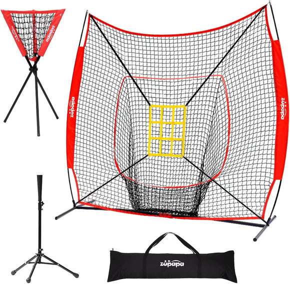 Zupapa 7'x7' Baseball Softball Practice Net Tee Caddy Set with Strike Zone, Baseball Backstop Practice Net