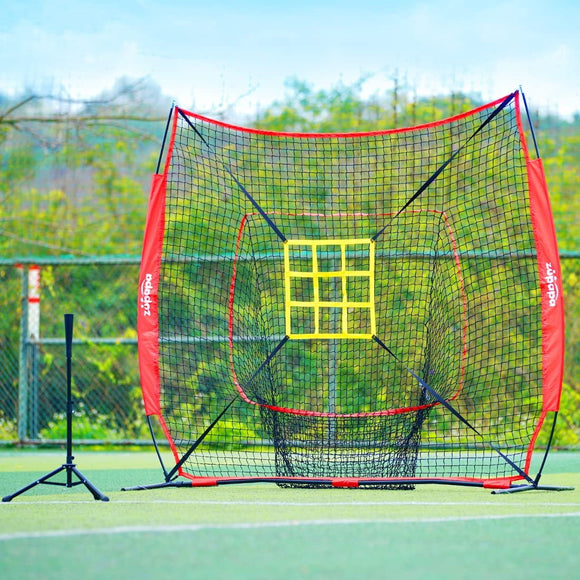 Zupapa Baseball Softball Practice Set - 7 by 7 Feet Net with Strike Zone, Baseball Backstop Practice Net for Batting Hitting Pitching Catching Red