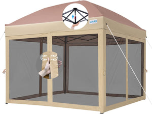 Quictent 6.6'x6.6' Pop up Canopy Tent with Netting, One Person Instant Setup Screen House Room Tent Screened- 4 Magnetic Doors, Waterproof (Khaki & Brown)