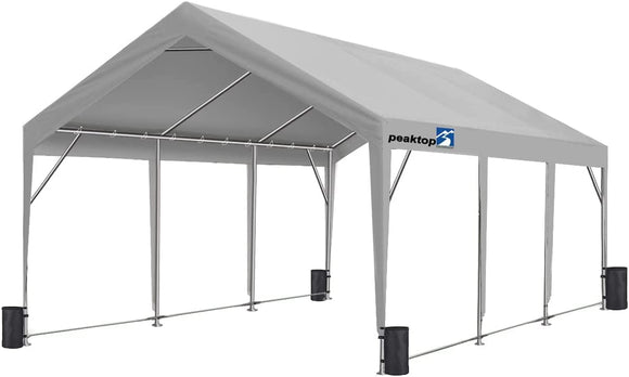 PEAKTOP OUTDOOR 12 x 20ft Upgraded Heavy Duty Carport ,Portable Car Canopy,Garage Tent,Boat Shelter with Reinforced Triangular Beams and 4 Weight Bags,with Ground Bar