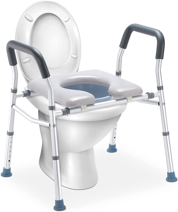 HEAO 3-in-1 Raised Toilet Seat, Adjustable Width/Height, Padded Seat with Splash Guard, Toilet Safety Frame, Shower Chair for Seniors, Handicap,Pregnant, 300 lbs