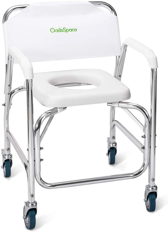 OasisSpace Rolling Shower Chair 400 lb, Rolling Commode Transport Chair with Wheels and Padded Seat for Handicap, Elderly, Injured and Disabled