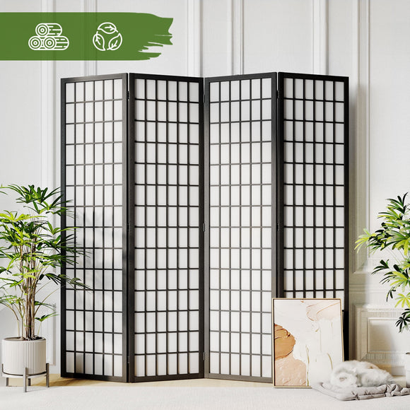 JOSTYLE Room Divider Wall Shoji Screen, 4 Panel Folding Privacy Screen for Room Separation, Japanese Wood Room Divider Screen, 5.9 Ft, Black