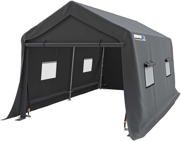 PEAKTOP OUTDOOR 8X14ft Heavy Duty Carport Storage shelter&Outdoor,Portable Storage Shed with Front and Rear Roll-Up Zipper Entry Doors and 4 Roll-Up Side Windows,Gray