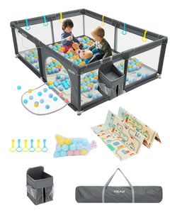 HEAO 79x59" Baby Playpen with Playmat Large Playard with Accessories Stroage Bag 30PCS Pit Balls Kids Indoor Outdoor Activity Center Infant Safety Gates Unisex Dark Grey