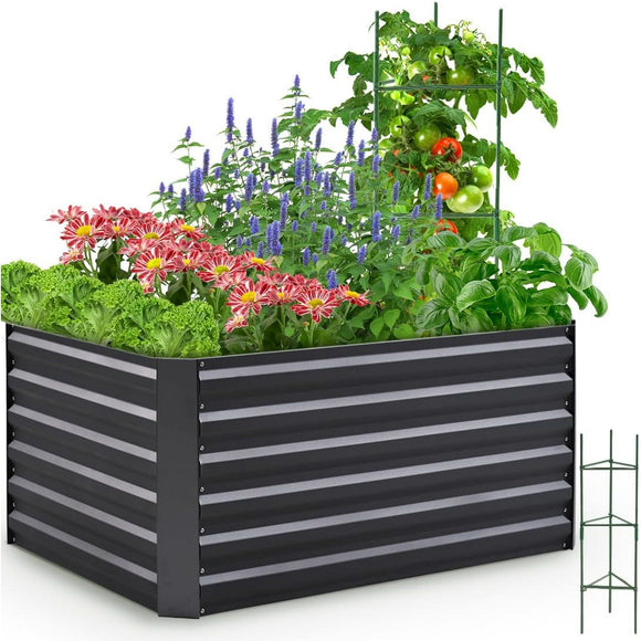 QUICTENT GALVANIZED RAISED GARDEN BED 4X3X2FT W/ TOMATO CAGE, THICKENED METAL BOTTOMLESS PLANTER BOX HOLD FOR VEGETABLES FLOWERS HERBS