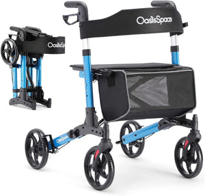 OasisSpace Blue Ultra Folding Rollator Walker with Seat & 8" Antiskid Wheels - Compact Design, Antiskid & Baking Finish for Seniors
