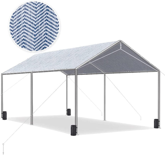 Quictent 10X20ft Upgraded Heavy Duty Car Canopy Galvanized Frame Carport Outdoor Boat Shelter with 3 Reinforced Steel Cables-Blue and White Stripes