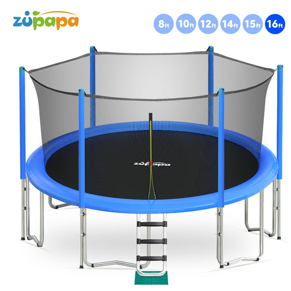Zupapa 16 15 14 12 10 8FT Kids Trampoline 425LBS Weight Capacity with Enclosure net Include All Accessories Outdoor Backyard Trampoline Blue