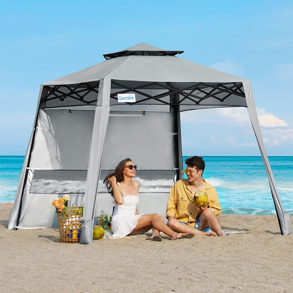 Quictent Pop up Canopy Pop up Beach Canopy, Instant Folding Canopy for Hiking Camping Fishing 10x10ft Base/8x8ft Top,Grey