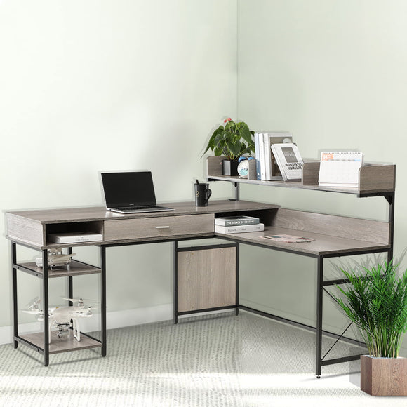 LIFEFAIR L-Shaped Desk with Large Drawer Home Office Desk with Hutch Corner Desk with Storage Shelves,Study Computer Workstation Desk Space-Saving, Gaming Table (Gray/Black)