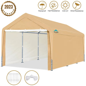 ADVANCE OUTDOOR 10x20 ft Heavy Duty Carport Car Canopy Garage Shelter Party Boat Tent with Removable Sidewalls and Doors, 8 Steel Legs, Beige