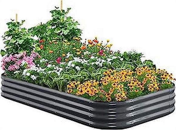 Quictent Galvanized Raised Garden Bed Kit, 8x4x1ft Oval Large Metal Planting Box for Vegetables Outdoor Double Strengthened by Vertical Bar and Crossbar with Liner, Dark Grey