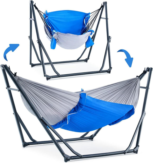 2 in 1 Hammock Chair with Foldable Steel Stand and Carry Bag, 30 Seconds Assembly for Outdoor Indoor Patio RV Camping, Blue Gray