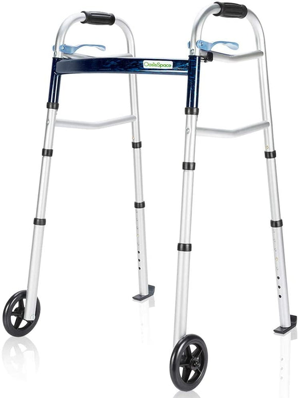 OasisSpace Compact Folding Walker, with Trigger Release and 5 Inches Wheels for The Seniors [Accessories Included] Narrow Lightweight Supports up to 350 lb