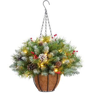 HOMAKER Pre-lit Artificial Christmas Hanging Basket, with 50 Battery-Operated LED Lights, Decor with Pinecones and Red Berries, 20 inch