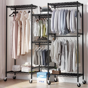 HOKEEPER Heavy Duty Rolling Wire Garment Rack with Rubber Wheels, Metal Clothing Rack for Hanging Clothes Freestanding Closet Organizer Portable Clothes Rack Wardrobe with 7 Shelves & 5 Hanging Rods