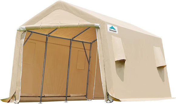 ADVANCE OUTDOOR 10x15 ft Carport Shelter Storage Shed Steel Metal Peak Roof Anti-Snow Portable Garage Carport for Motorcycle, Boat or Garden Tools with 2 Roll up Doors & Vents, Beige