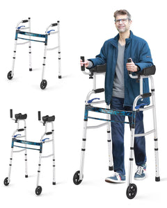 Auitoa 2 Mold Standard Folding Walker for Seniors with 5" Wheels 350lbs Capacity, Standing & Walking Mobility Aid with Detachable Armrest, Can Be Used As Toilet Safety Rail, Compact & Portable, Silver