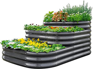 Quictent Galvanized Tiered Raised Garden Bed Kit, 43x63x25.6 in Oval Planting Box Rubber Strip Edging, for Vegetables Outdoor 3-in-1 Assembly Modular, Dark Grey
