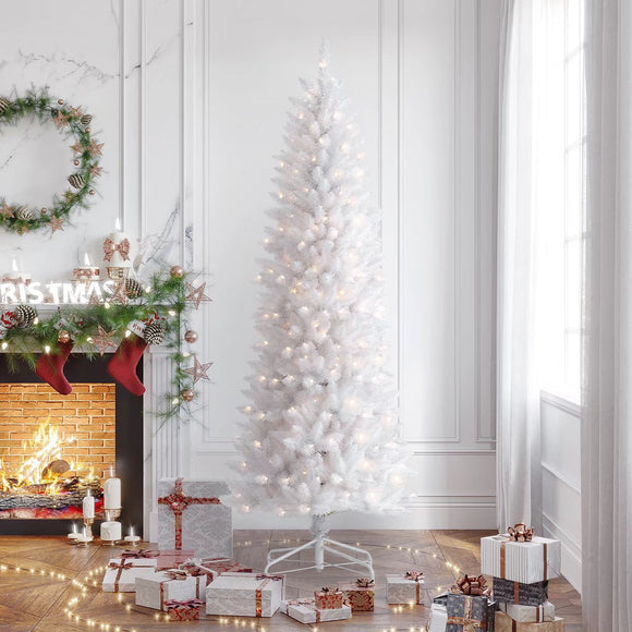 HOMAKER 7.5ft White Christmas Tree w/ UL Certified 380 Prelit 380 Warm Lights, Holiday Fraser Fir Pencil Slim Artificial Christmas Tree