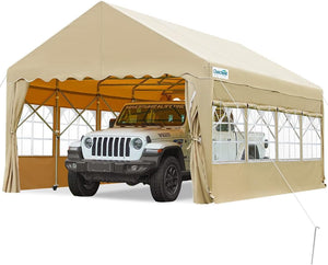 Quictent 13'X20' Heavy Duty Folding Carport Movable Car Canopy Retractable Carport Tent Car Tent Outdoor Boat Shelter with Removable Window Sidewall-Khaki