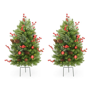 LIFEFAIR 30 Inch Outdoor Christmas Tree Set of 2,Pre-Lit LED Christmas Porch Decorations Outdoor Tree, 260 Branch Tips Lush,Pine Cones, Red Berries and Red Ball