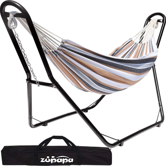 Zupapa Hammock with Stand 2 Person, Upgraded Steel Hammock Frame and Polycotton Hammock, 550LBS Capacity for Indoor Outdoor Use