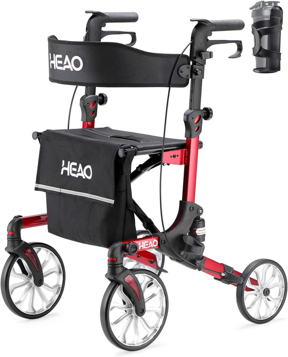 HEAO Rollator Walker with Shock Absorber, Easily Folds with 10-inch Front Wheels for Senior, Lightweight Mobility Walking Aid for Elderly, Red