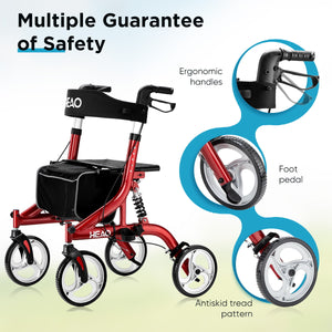 HEAO Red Rollator Walker 10" Wheels with Seat,Shock Absorber,Lightweight Mobility Aid for Seniors