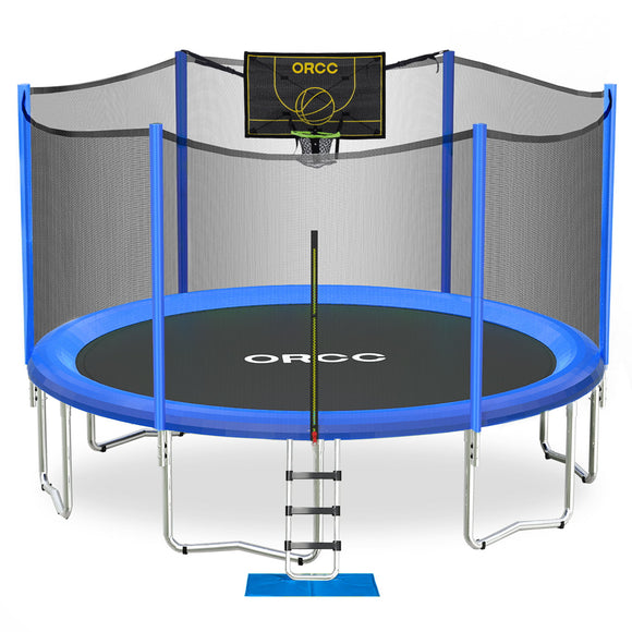 ORCC Basketball Trampoline 16 15 14 12 10FT Kids Trampoline Weight Capacity 450LBS with Safety Net and Ladder, Basketball Hoop ＆ 2 Balls, Outdoor Backyard Trampoline for Kids Adults