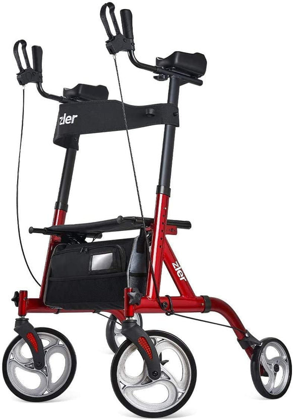 Zler Armrest Tall Walker with 10” Front Wheels, Stand Up Folding Rollator Walker Back Rolling Mobility Walking Aid with Backrest and Padded Armrests for Elderly, Seniors and Adults, Red and Black